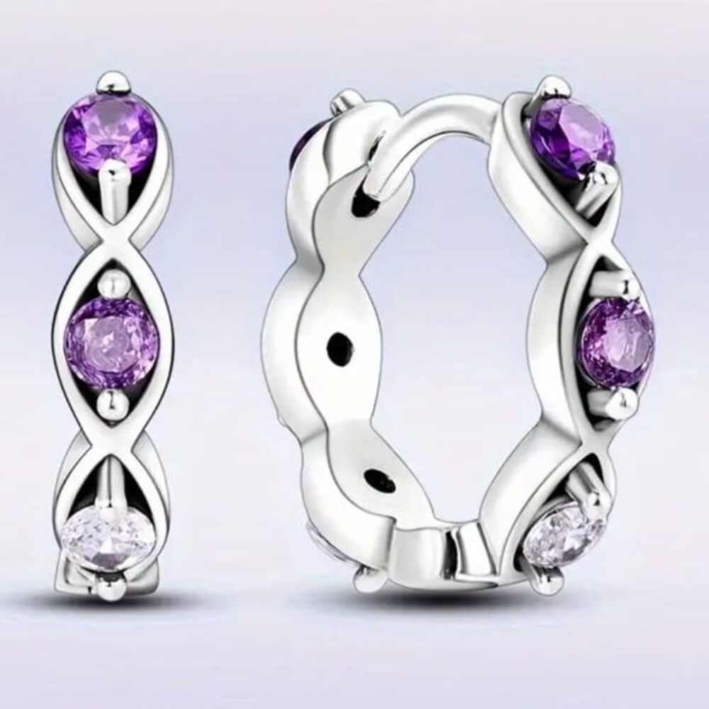 Earrings 925 Sterling Silver mini hoops with purple crystal design